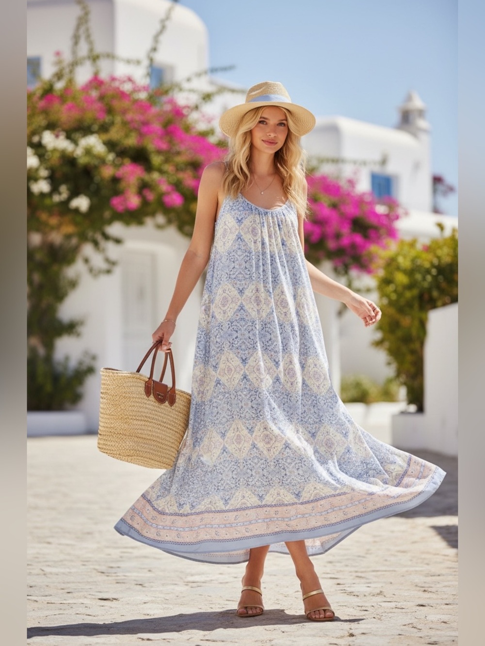 180 • Boho Maxi Sundress | Blue Cream Ornament Summer Dress